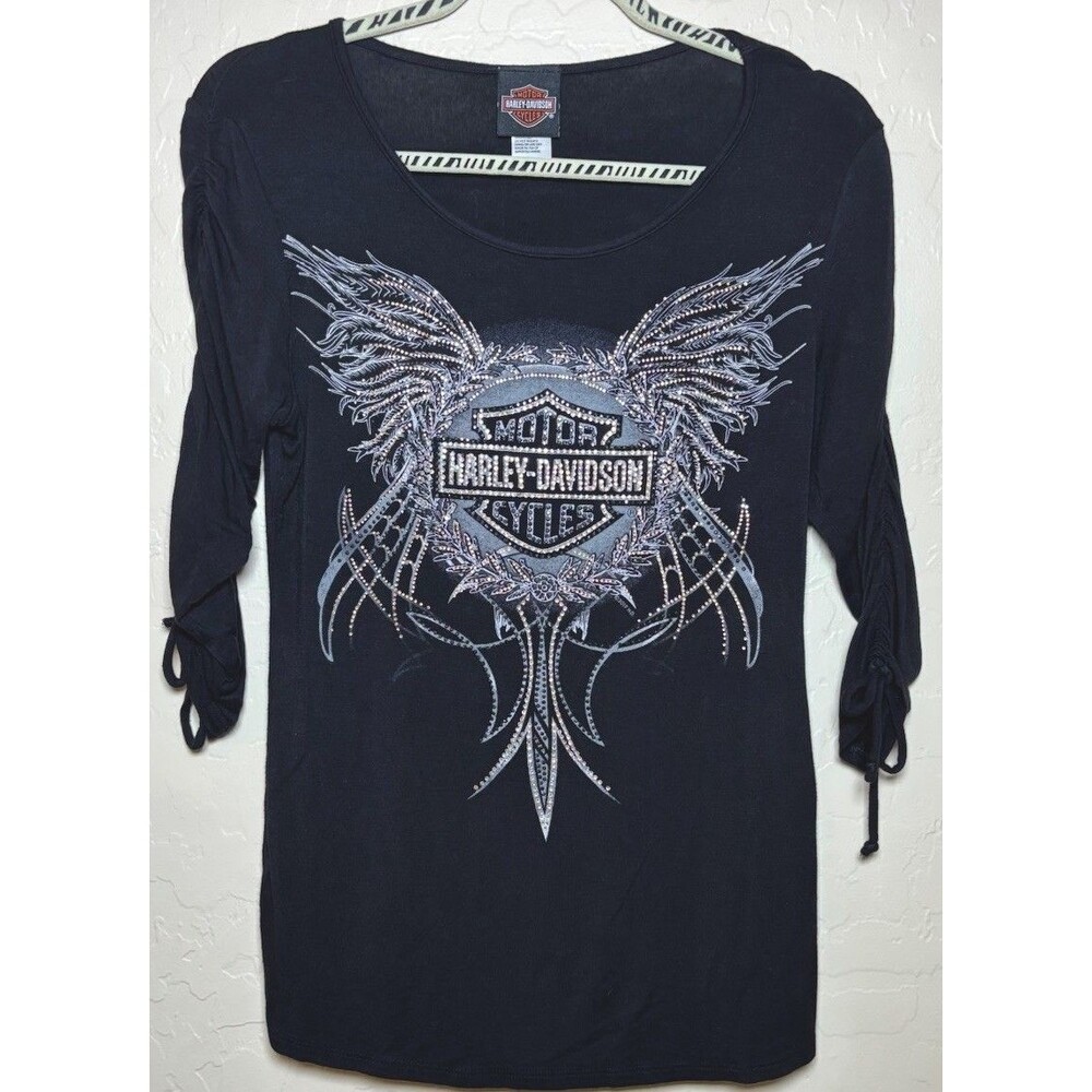 Harley Davidson Womens S Black Rhinestone Wings 3/4 Sleeve Shirt 2010 USA Y2K